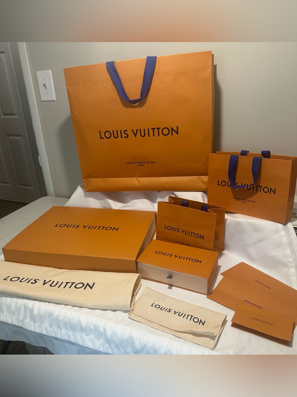 Authentic Louis Vuitton packaging lot with bags, boxes, dust bags & cards